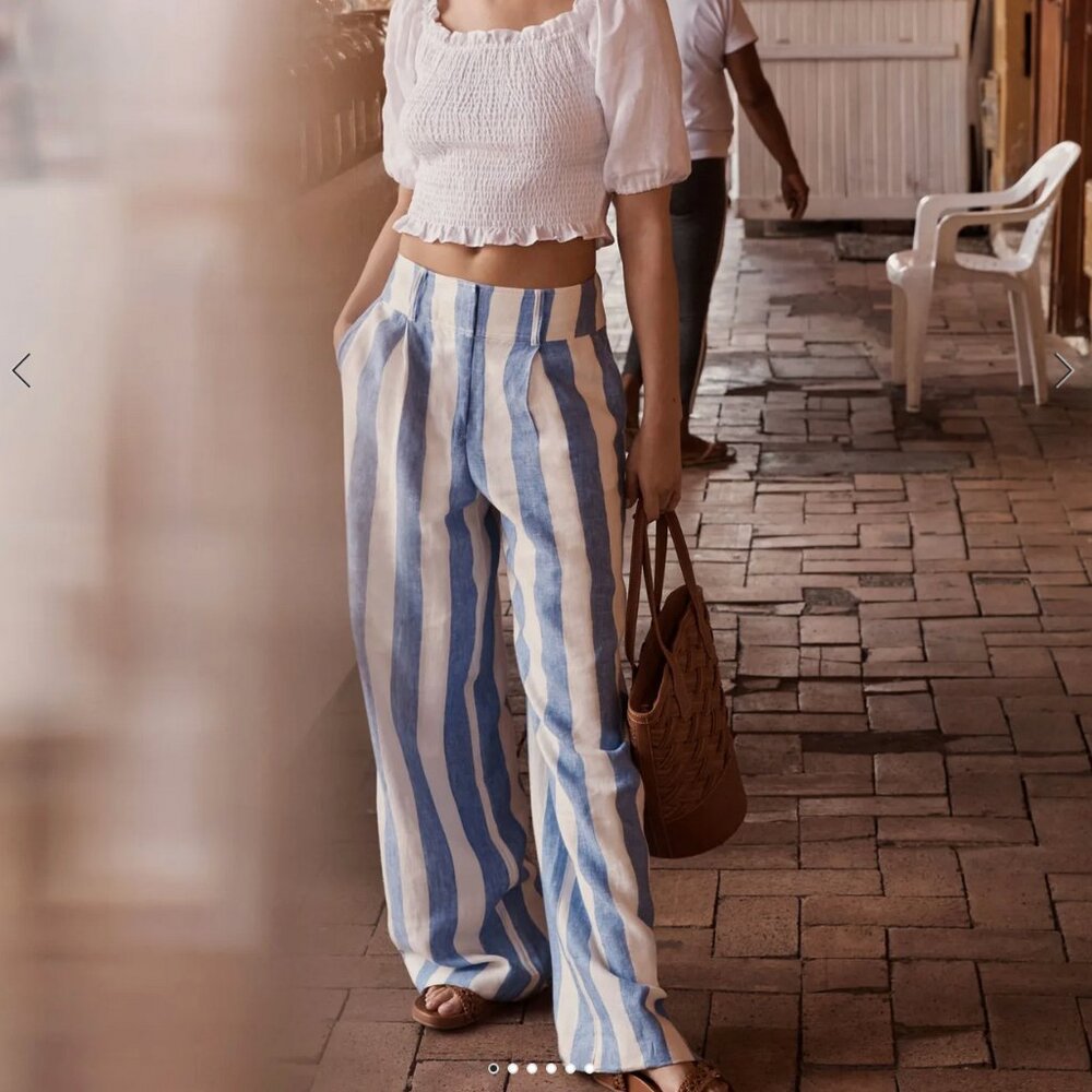 Boden Wide Leg Linen Pants Bluebell and Ivory Stripe